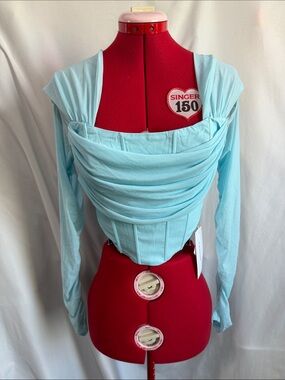 Draped Light Blue Long-Sleeve Corset Crop Top